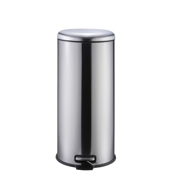 30L / 8 Gallon Round Stainless Steel Trash Can, Step-On Pedal, Soft Close Lid, Removable Inner Bucket, Suitable for Kitchen, Office, Bathroom