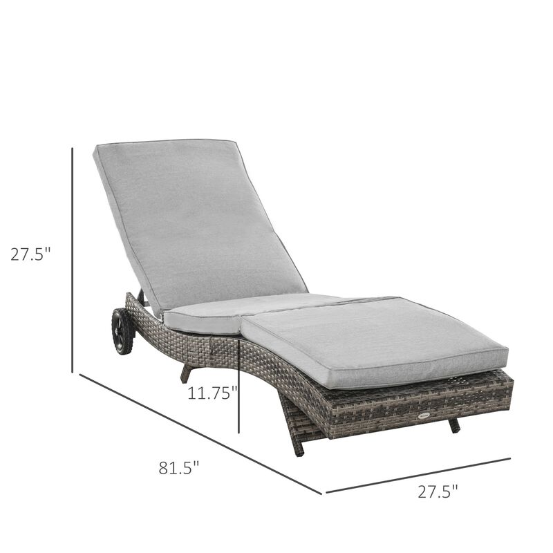 Patio Wicker Cushioned Chaise Lounge Chair, Outdoor PE Rattan Sun lounger w/ 5-Level Adjustable Backrest & 2 Wheels for Easy Movement, Grey