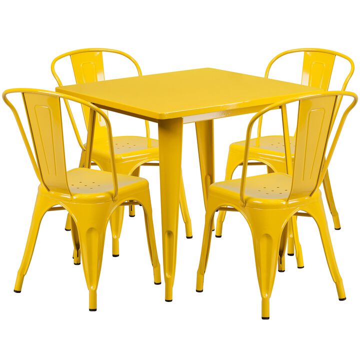 Flash Furniture Commercial Grade 31.5" Square Yellow Metal Indoor-Outdoor Table Set with 4 Stack Chairs