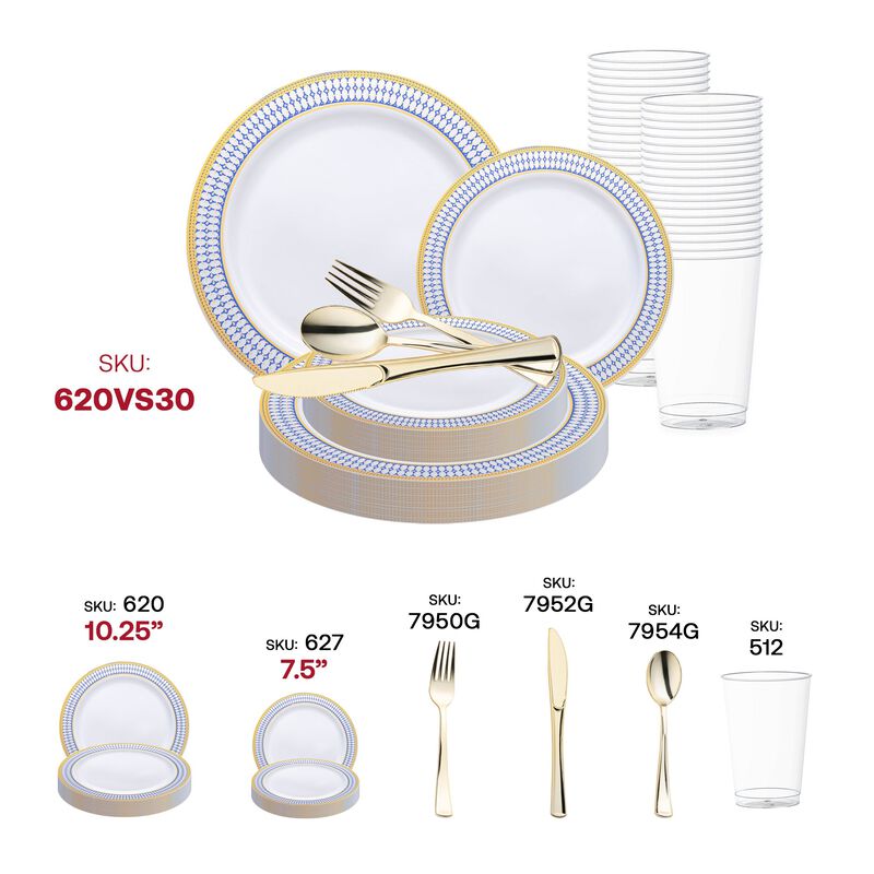 White with Blue and Gold Chord Rim Plastic Wedding Value Set (30 Sets) image number 5