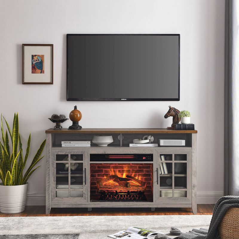 MONDAWE 55 Inch TV Media Stand with Electric Fireplace KD Inserts Heater,Gray Wash Color