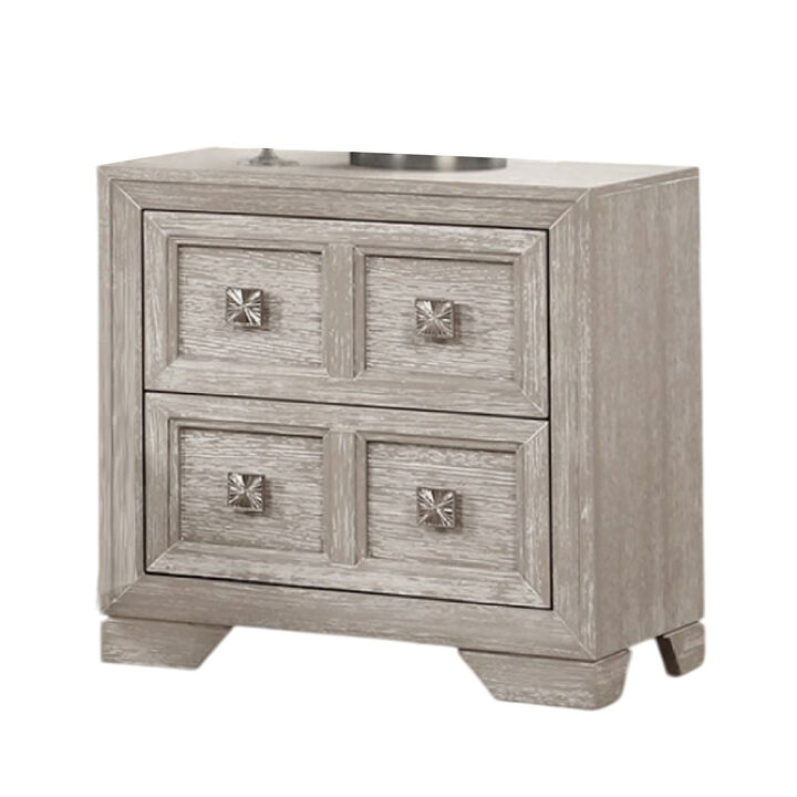 Diaz Nightstand with 2 Drawers, Sunburst Design Front, Light Gray Wood