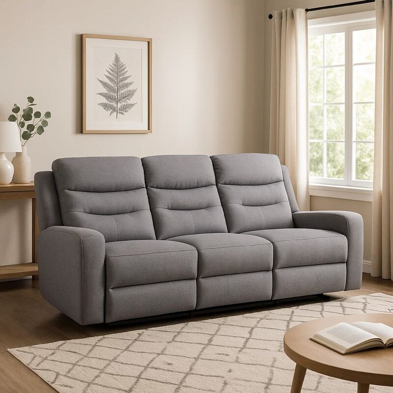 Clair Manual Recliner Sofa, Scroll Arms, 87 Inch, Solid Wood, Gray Fabric image number 1