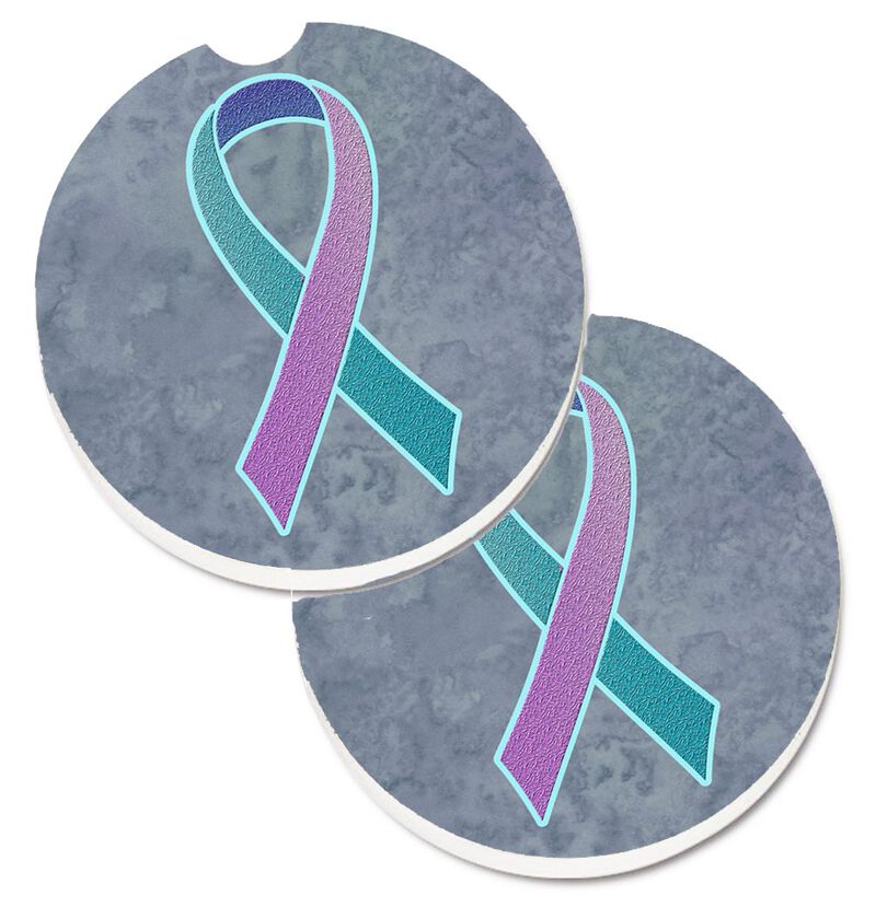 Caroline's Treasures Teal, Pink & Blue Ribbon For Thyroid Cancer Awareness Set of 2 Cup Holder Car Coasters AN1217CARC, 2.56, Multicolor