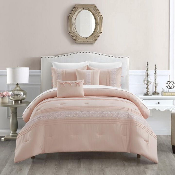 Chic Home Brice Comforter Set Pleated Embroidered Design Bedding - Decorative Pillows Shams Included - 5 Piece - King 104x92", Blush