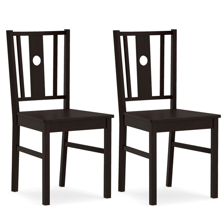 Solid Rubber Wood Kitchen Dining Chairs Set of 2 with Slatted Curved Back Design-Coffee
