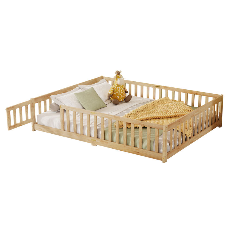 Whisen Queen Floor Bed with Safety Fence & Secure Door, Rubber Wood Low-Profile Platform Bed for Children image number 0