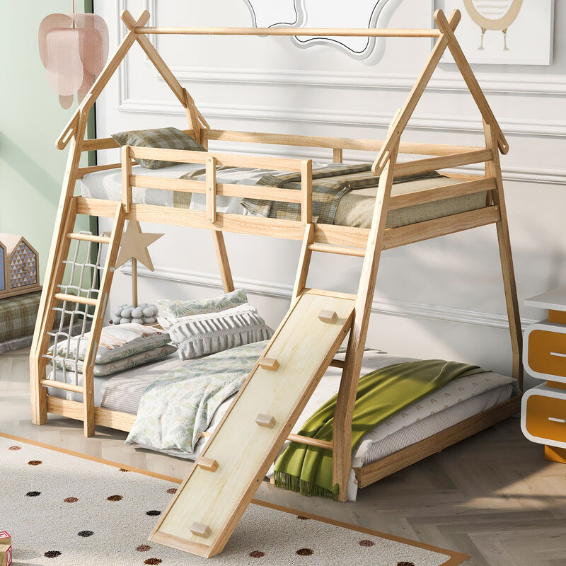 Whisen Twin over Queen House Bunk Bed with Climbing Nets and Climbing Ramp