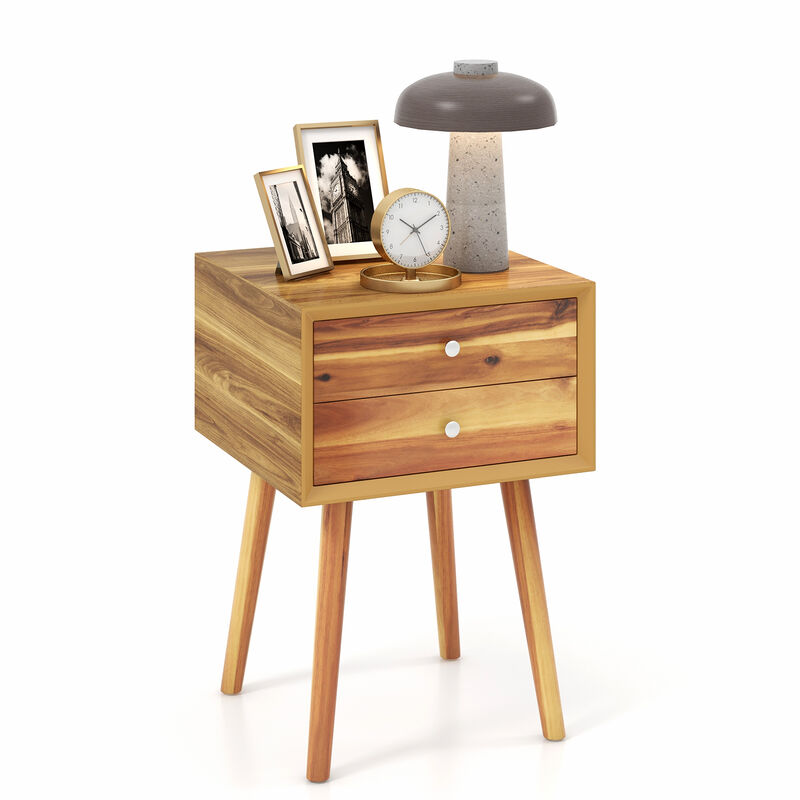 Wooden Nightstand Mid-Century End Side Table with 2 Storage Drawers