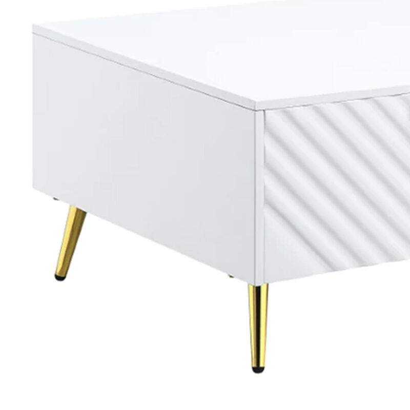 Tyra 53 Inch Modern Coffee Table, 2 Drawers, Metal Handles, White, Gold - Benzara