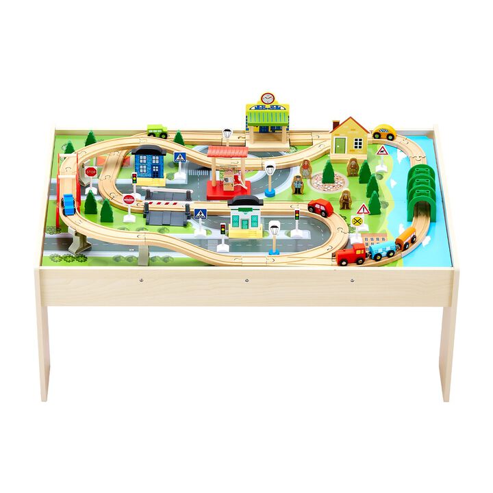 Kids Train Table Set, 84PCS Wooden Activity Table with Storage Bin, 3-in-1 Playset