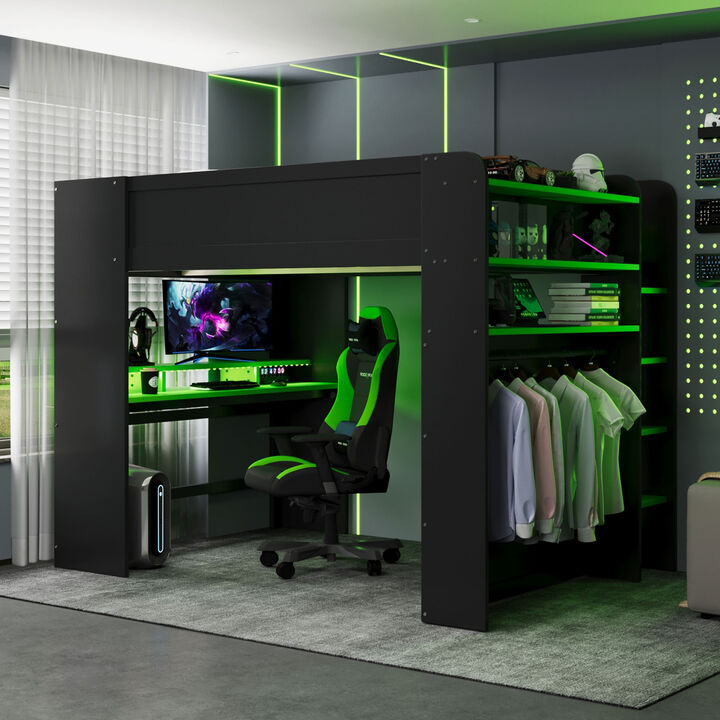 Merax Full Size Gamer Bunk Bed with Desk, Storage Wardrobe