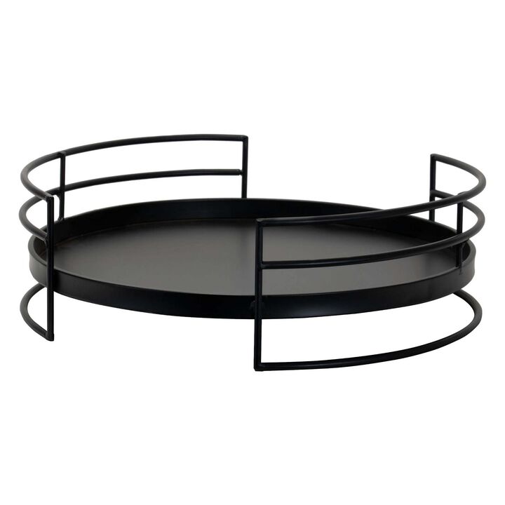 15 Inch Industrial Round Server Tray with Handle, Black Iron Frame-Benzara