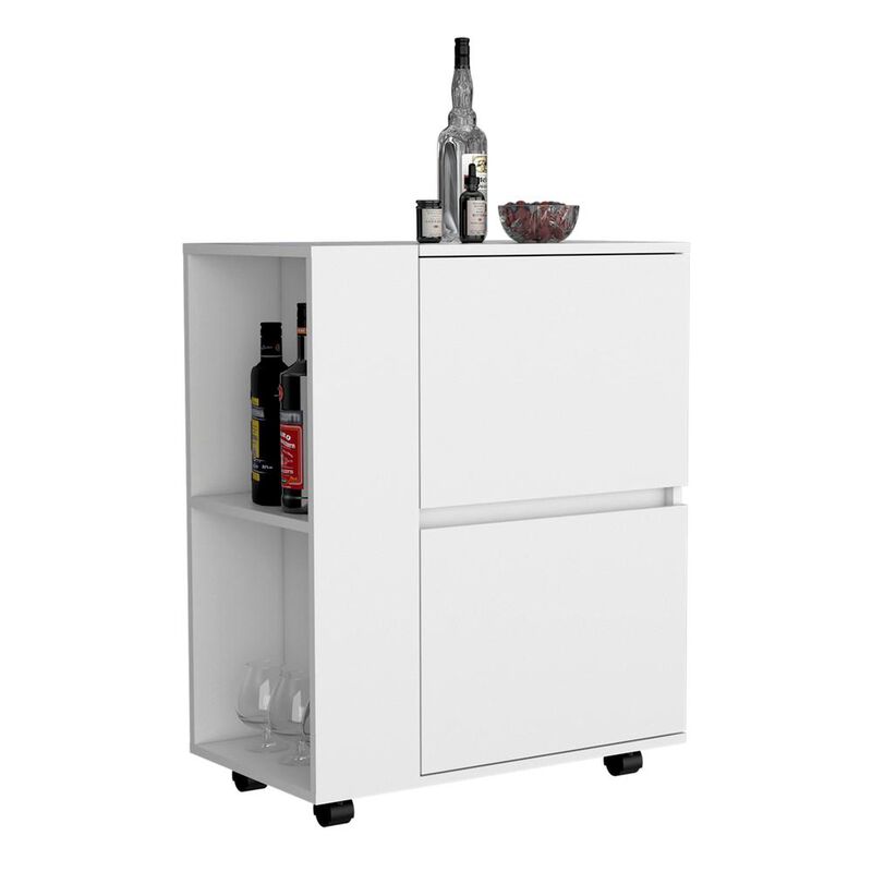 Tully Bar Cart Two Pull-Down Door Cabinets and Two Open Shelves,White