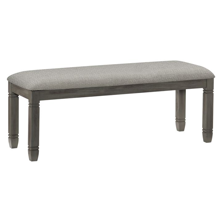 Rome 48 Inch Bench, Gray Textured Fabric, Padded Seat, Antique Gray Wood-Benzara