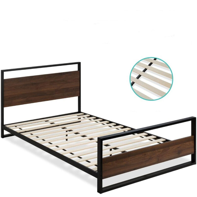 Modern FarmHome Platform Bed with Metal Frame and Wooden Slat Base