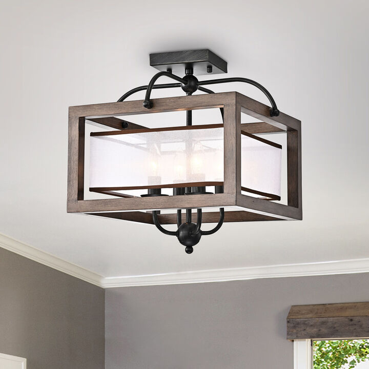 Karin 4-light Antique Black Metal Natural Wood Flush Mount with Fabric Shade