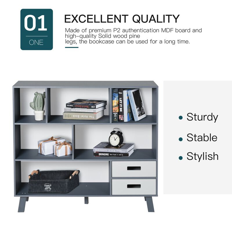 3-Tier Modern Bookcase Chest Open Shelves Cabinet Floor Standing Home Office Storage Furniture Shelving with Drawers, Grey & White