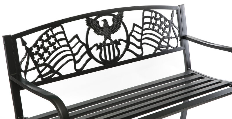 Steel Outdoor Patio Garden Park Seating Bench with Cast Iron Patriotic American Flag and Eagle Backrest, Front Porch Yard Bench Lawn Decor