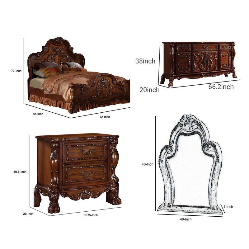 Queen Size Bedroom Set, Wood Design, Brown Finish, 5-Piece Set with Bed, 2 Nightstands, Dresser and Mirror image number 7