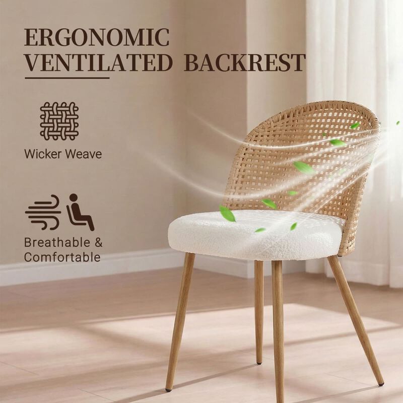 2 Pack Rattan Dining Chairs PE Rattan Woven Back Dining Chair with Teddy Upholstered Cushion Metal Legs Kitchen Dining Chairs image number 6