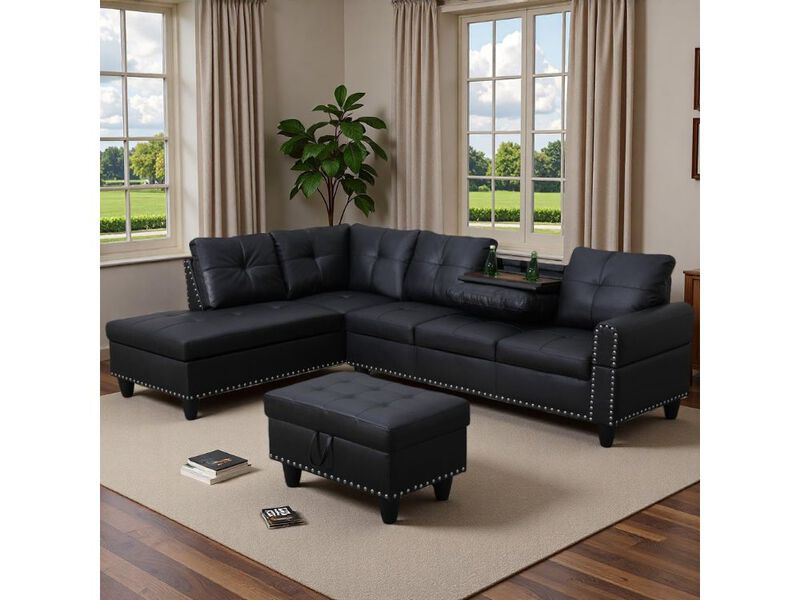97.5" L Shaped Sectional Sofa Black Leather 4 Seat Modular Couch Storage Ottoman image number 1