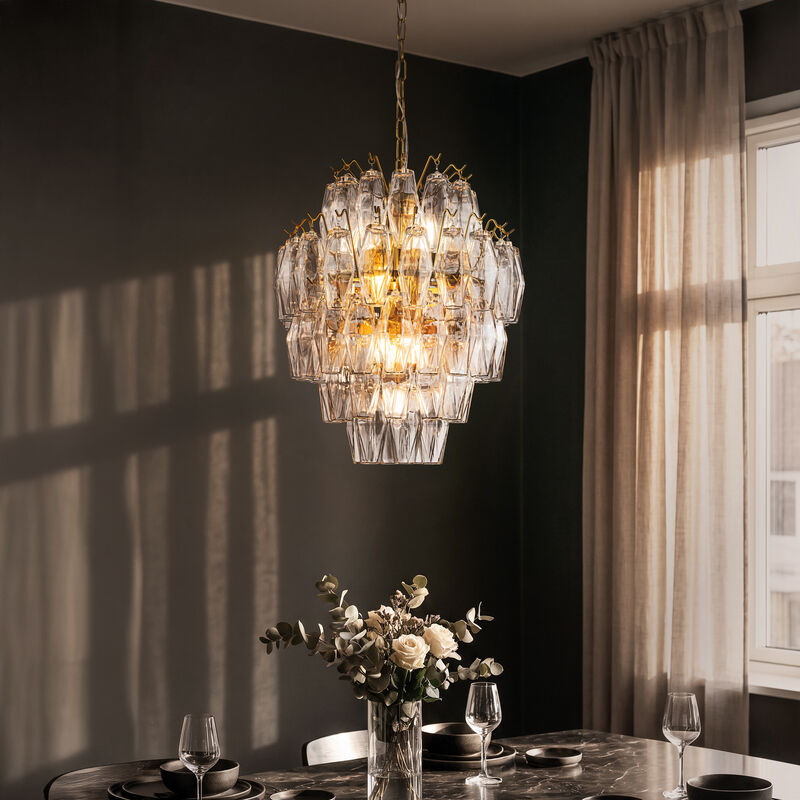 18'' Midcentury Modern Murano Glass Round Chandeliers 6-Light Handblown Glass Pendant Light Fixture Warm Brass Finish For Dining Room Living Room image number 2
