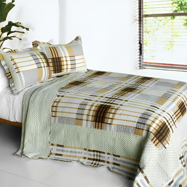 Queen Size 3-Piece Cotton Quilted Printed Quilt Set with Matching Pillow Shams