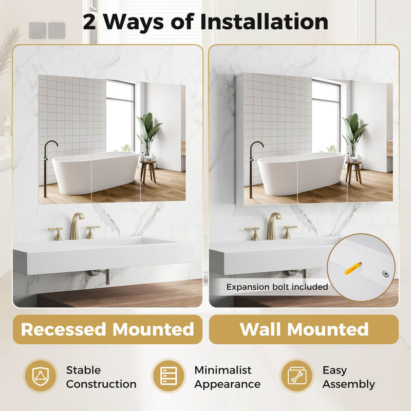 Costway 36" Wide Wall Mount Mirrored Bathroom Medicine Cabinet Organizer with Mirror Door