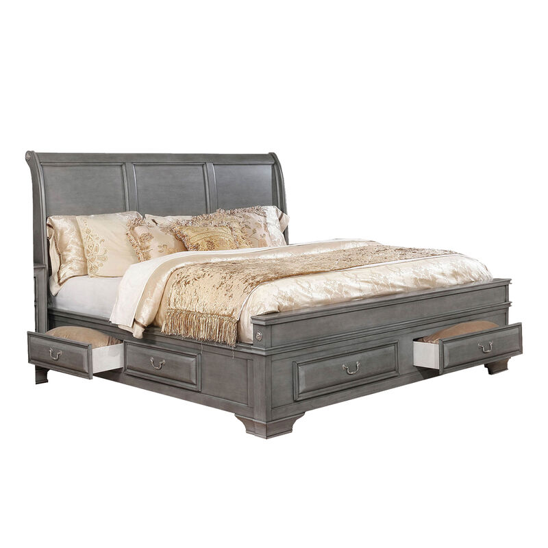 Lio Four Piece Queen Size Bedroom Set, Gray Wood Inlay Design, Nickel Metal Handles - Benzara