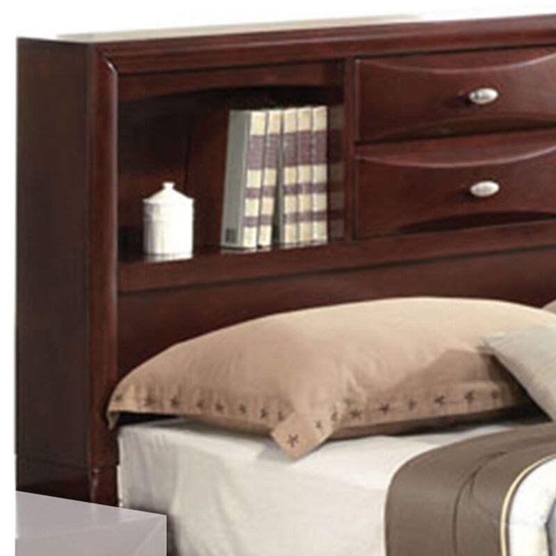 Panel Design Queen Size Bed with Bookcase and Drawers, Brown