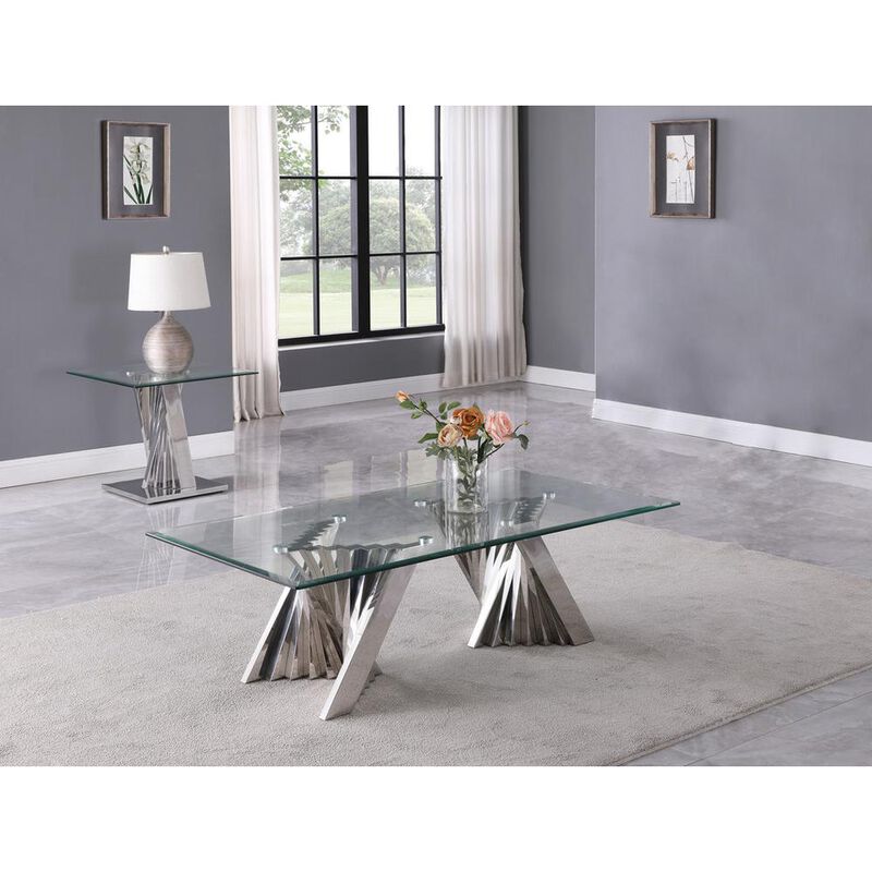 Best Quality Furniture Glass Coffee Table Sets: Coffee Table and End Table with Stainless Steel Base
