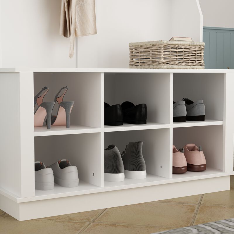 White Painted Hall Tree with Bench and Storage Cubbies