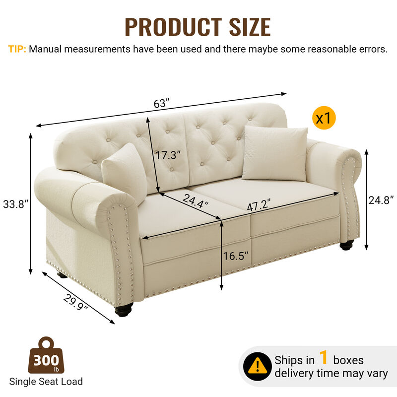 63" Velvet Chesterfield Sofa with Nailhead Trim and 2 Pillows image number 9