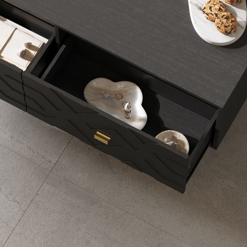 FUFU&GAGA Black Modern Coffee Table with 4-Drawer Storage, Wood Grain Top, 3D Textured Drawers, Gold Tapered Pulls (47.2" W x 23.6" D x 20.5" H)