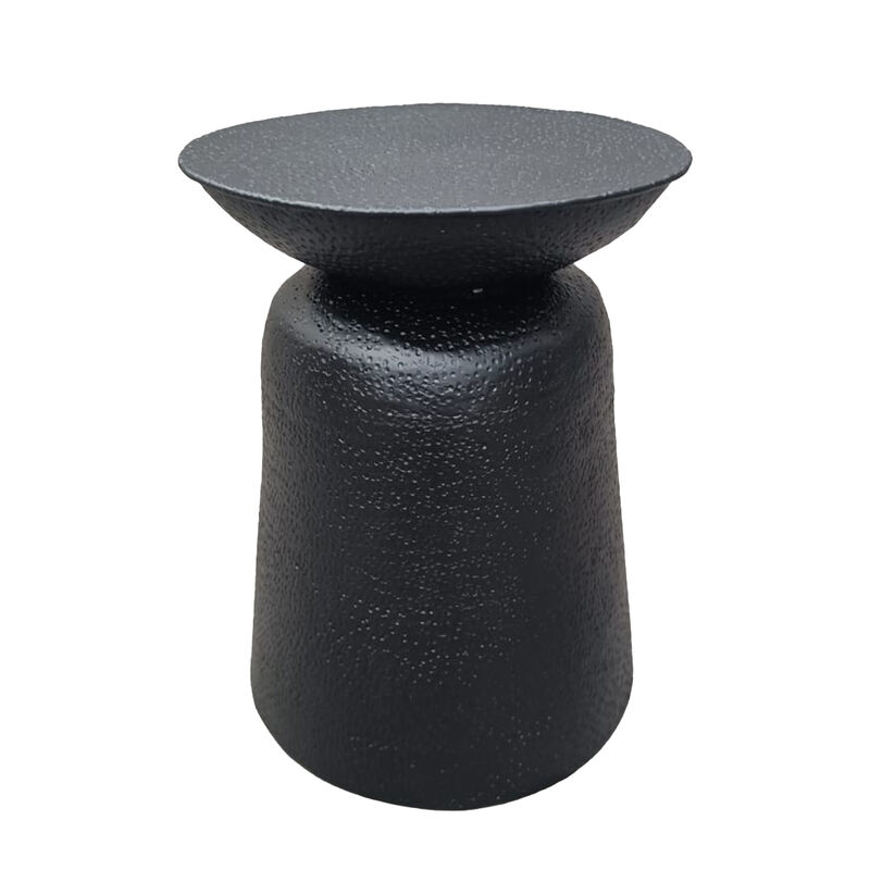 Josi 21 Inch Round Side End Table, Handcrafted Hammered Design, Drum Pedestal Aluminum Base, Matte Black