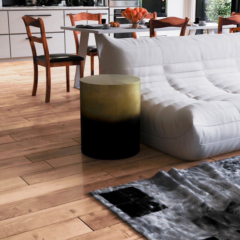 Dyan 20 Inch Side End Table, Round Drum Shape, Black, Gold Antique Brass Ombre