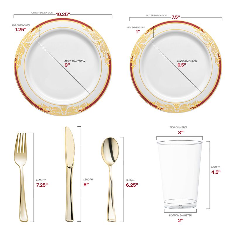 White with Burgundy and Gold Harmony Rim Plastic Wedding Value Set (30 Sets) image number 2