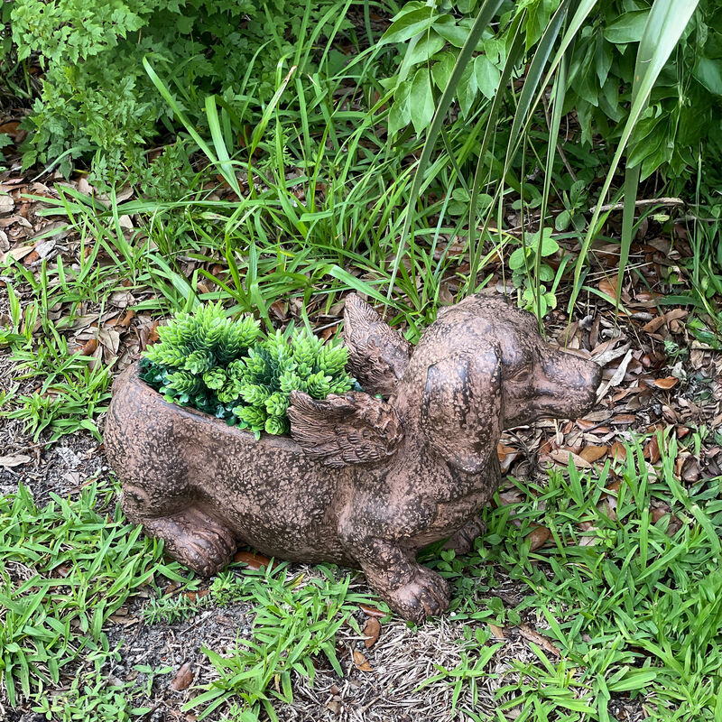 Flying Wiener Dog Planter 18" Brown, With Drain Hole, Rustic Garden Decor image number 9