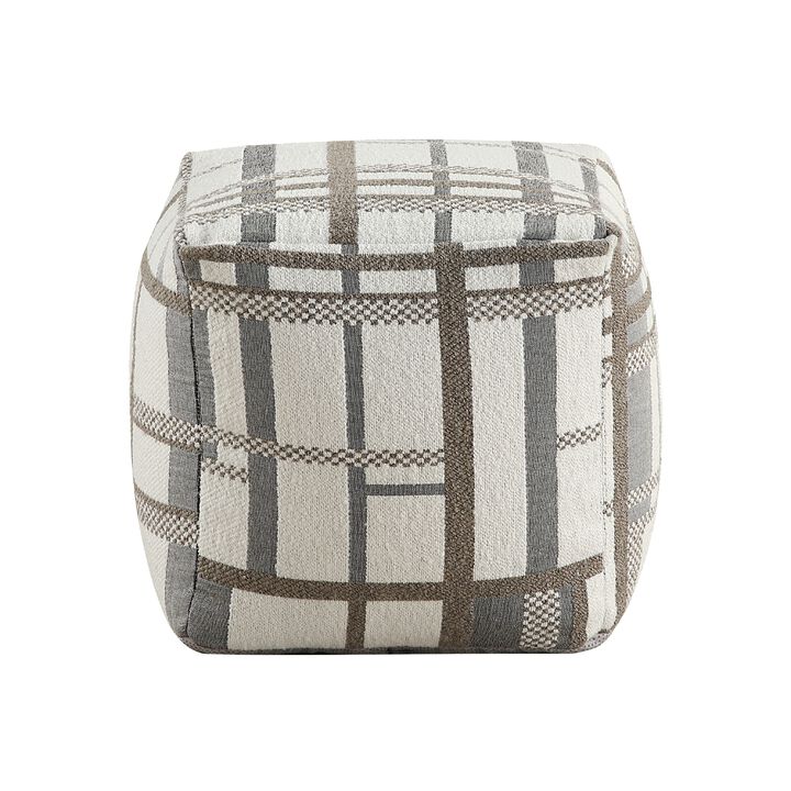 Modern Pouf Ottoman, Beige Gray Chunky Plaid Jacquard, 16 Inch Square