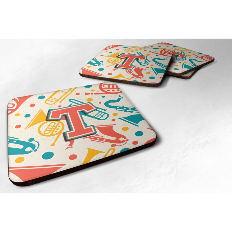 Caroline's Treasures CJ2001-TFC Letter T Retro Teal Orange Musical Instruments Initial Foam Coasters (Set of 4), 3.5, Multicolor