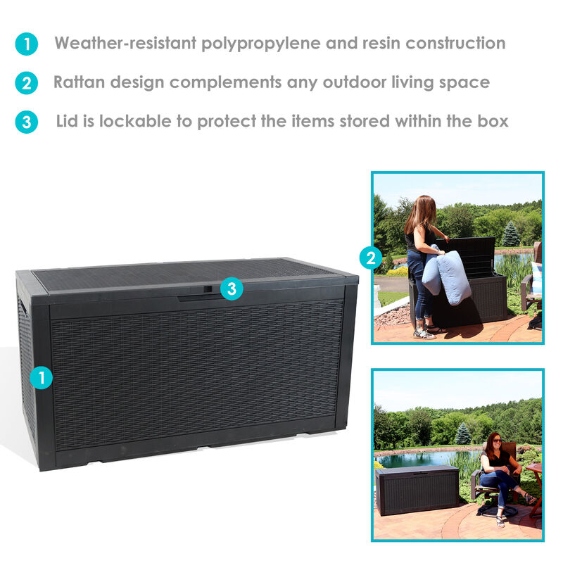 Sunnydaze 100 gal Faux Rattan Patio Storage Box with Handles