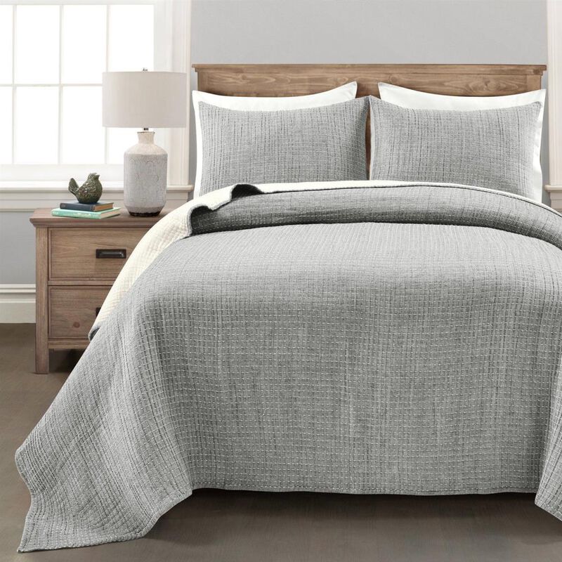Hivvago Reversible Cotton Yarn Woven Quilt Set in Grey Cream