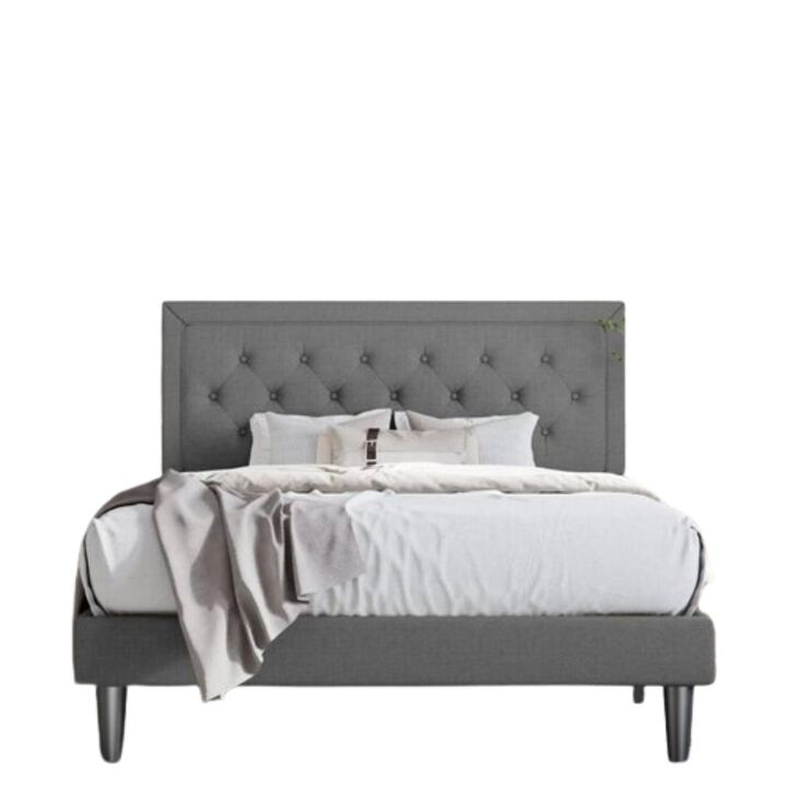 Hivvago King Size Dark Grey Linen Upholstered Platform Bed with Button Tufted Headboard