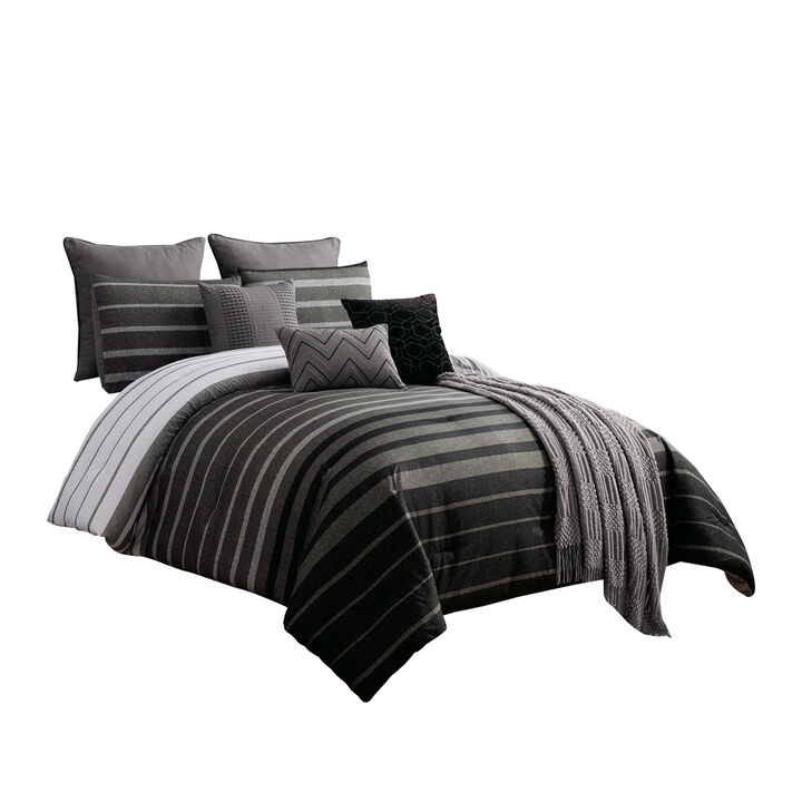 10 Piece Queen Polyester Comforter Set with Striped Details, Black and Gray-Benzara