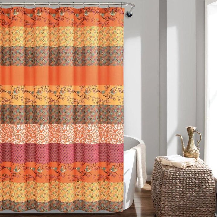 Hivvago 72-inch Orange Teal Floral Damask Boho Birds Polyester Shower Curtain