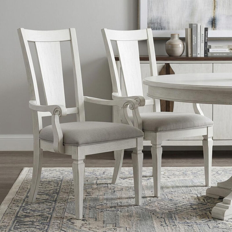HomeRoots Set of Two Light Gray and White Upholstered Linen And Solid Wood Open Back Dining Arm Chairs image number 1