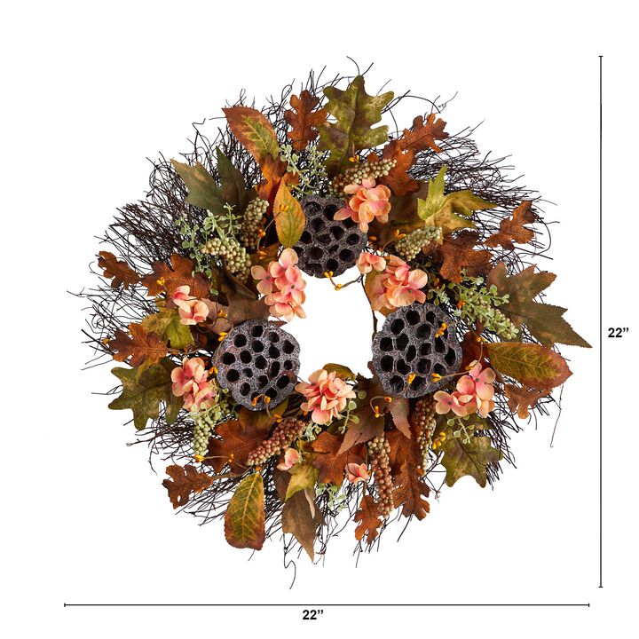 HomPlanti 22" Autumn Hydrangea, Dried Lotus Pod Artificial Fall Wreath