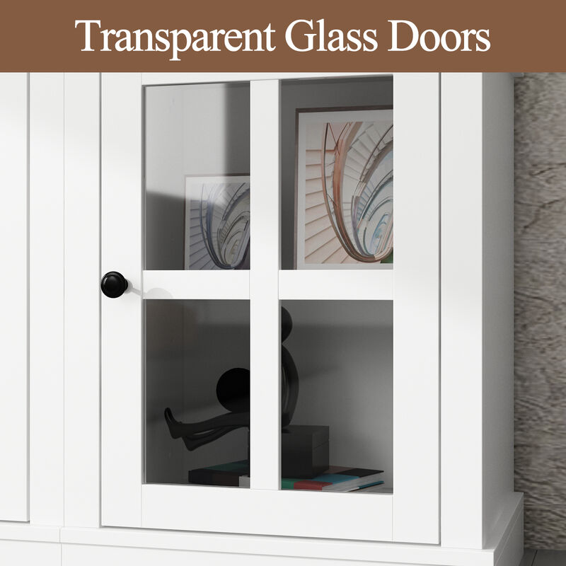 FUFU&GAGA 102-inch Modern TV Media Cabinet with Glass Cabinet Doors, Open Shelves, and Drawers, Made of White PB Board (102 in. W x 14.6 in. D x 78.2 in. H)