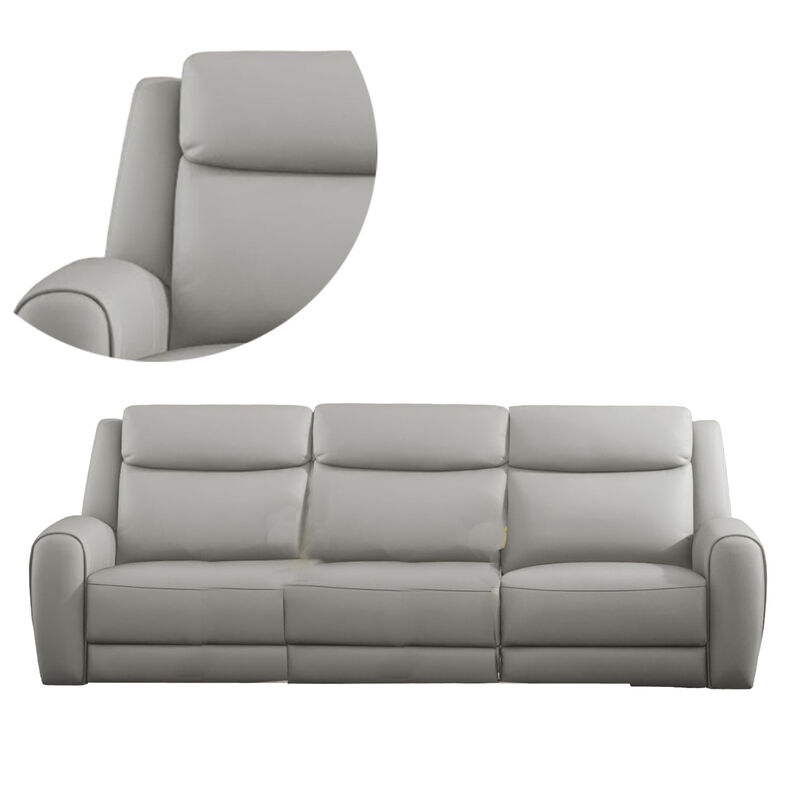 Cobe Sofa, Manual Recliner, 87 Inch, Solid Wood, Top Grain Gray Leather - Benzara